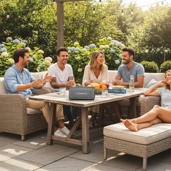 20W Bluetooth speaker providing music for an outdoor gathering.