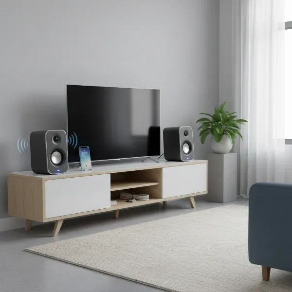 Minimalist active Bluetooth bookshelf speaker setup with smartphone streaming audio