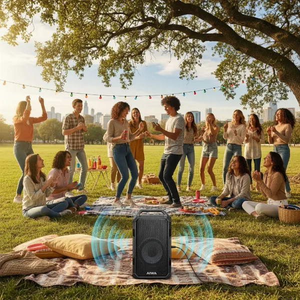People enjoying music outdoors with an Aiwa Exos-9 portable speaker providing powerful sound.