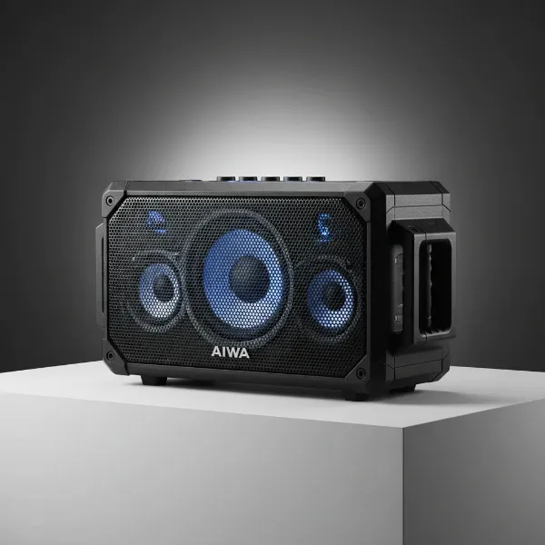 Aiwa Exos-9 portable Bluetooth speaker showcasing its powerful 5-driver sound system.