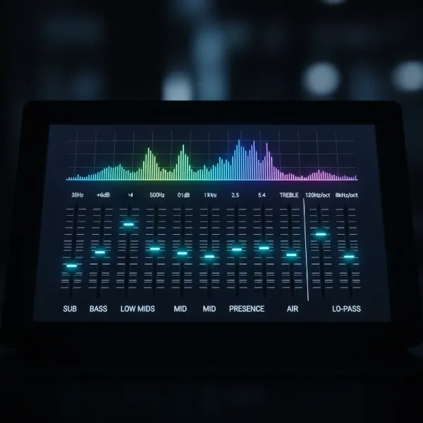 Digital equalizer interface with frequency sliders and various sound controls for audio adjustment.