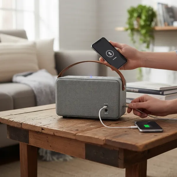 Audio Pro Addon T3+ speaker connected via Bluetooth to a smartphone, showing its AUX-in and USB charging ports.