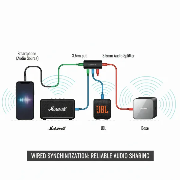 Illustration of a 3.5mm audio splitter connecting a phone to multiple auxiliary input speakers.