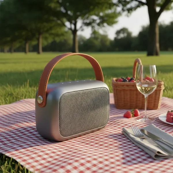 Bang & Olufsen Beolit 20 with its retro-modern design on an elegant picnic blanket outdoors.