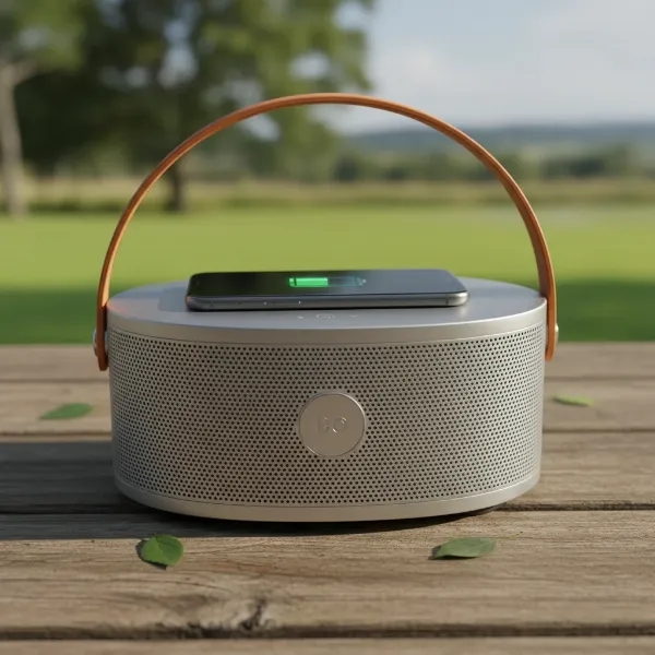 Bang & Olufsen Beolit 20 speaker charging a smartphone wirelessly on its top surface.