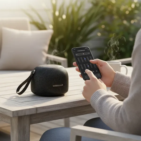Person enjoying music from a Beosound A1 2nd Gen speaker, demonstrating rich audio