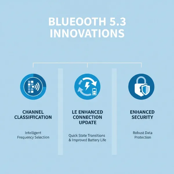 Diagram showing key features of Bluetooth 5.3 like channel classification and LE enhanced connection update.