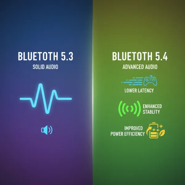 Visual comparing Bluetooth 5.4 and 5.3 benefits for audio, focusing on latency, stability, and power.