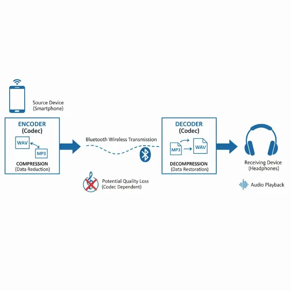 Diagram showing how Bluetooth audio codecs compress and decompress data for wireless transmission.
