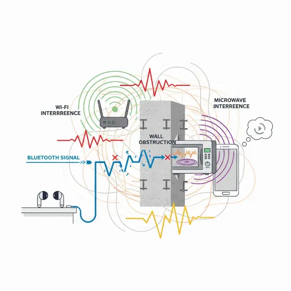 Bluetooth signal struggling with walls and other 2.4GHz devices, causing interference and latency.