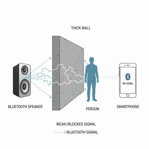 Bluetooth signal struggling to pass through walls and a person between a speaker and a phone.