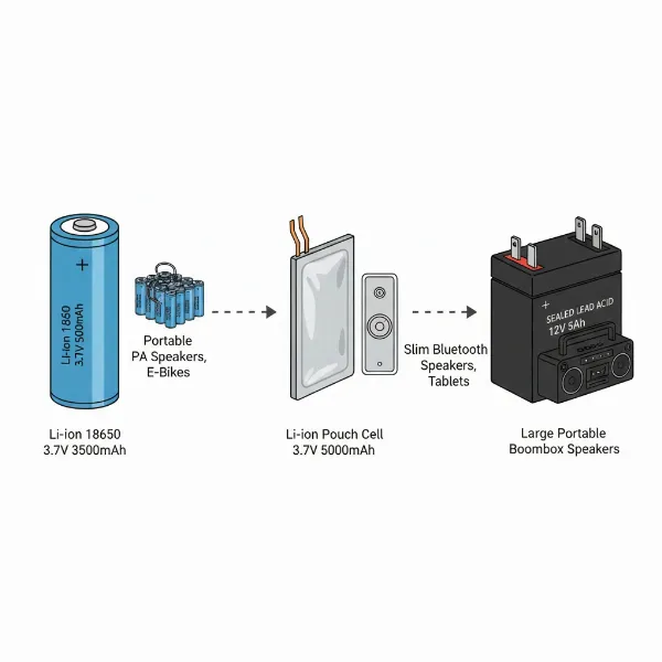 Illustration of common lithium-ion and sealed lead-acid batteries used in Bluetooth speakers.