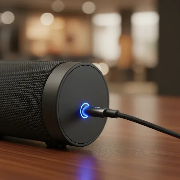 Bluetooth speaker charging with LED indicator light showing power status.