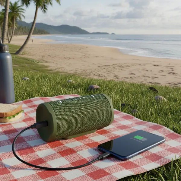 Portable Bluetooth speaker charging a smartphone outdoors, highlighting its dual power bank functionality.