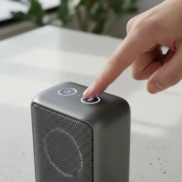 Hand pressing a combination of buttons on a Bluetooth speaker to perform a factory reset.