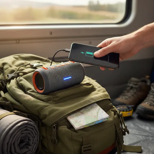 Person traveling with a compact Bluetooth speaker doubling as an emergency charger for their phone.