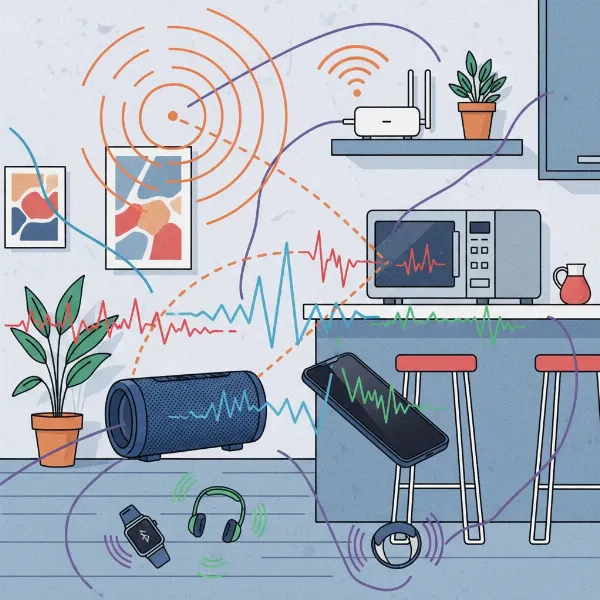Bluetooth speaker signal struggling amidst Wi-Fi router, microwave, and other electronic devices.