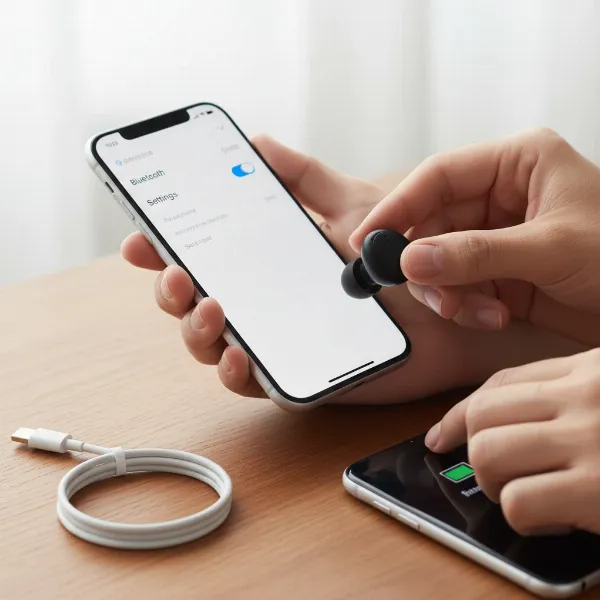 Hands performing basic Bluetooth checks: turning on Bluetooth, checking device proximity, and battery levels.