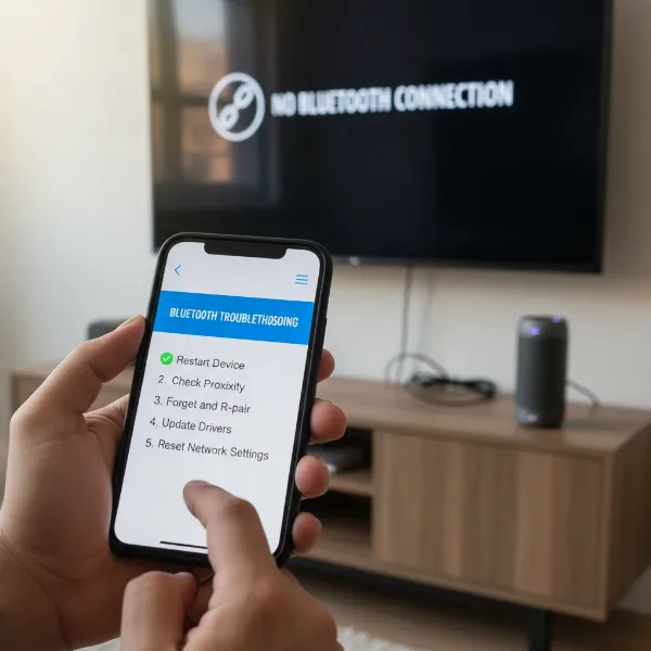 A person following troubleshooting steps to fix a bluetooth connection issue between a device and a speaker.