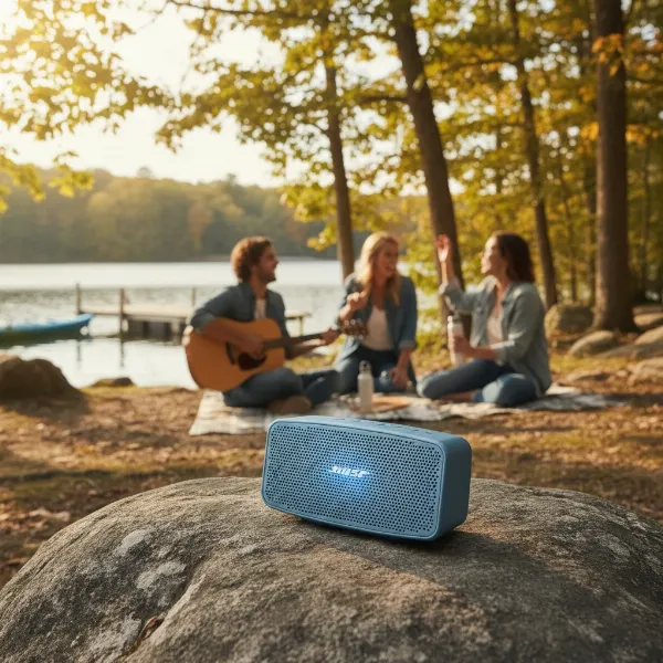 Bose SoundLink Flex speaker delivering rich, clear sound outdoors, enhancing an adventurous listening experience.