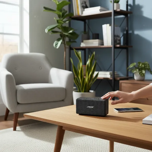 Bose SoundLink Mini II being used indoors on a coffee table, emphasizing its ideal environment.