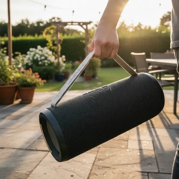 Person carrying large Ultimate Ears Hyperboom speaker with integrated strap