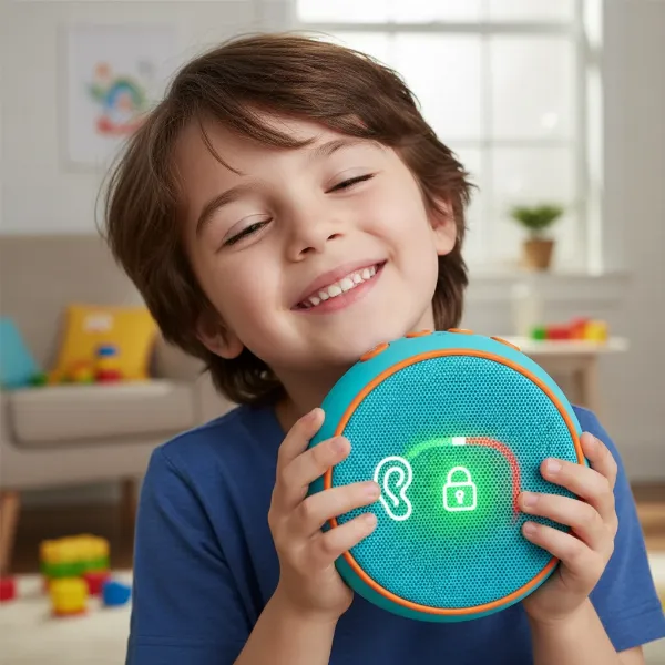Child listening to a volume-limited Bluetooth speaker, highlighting safe listening levels and hearing protection.