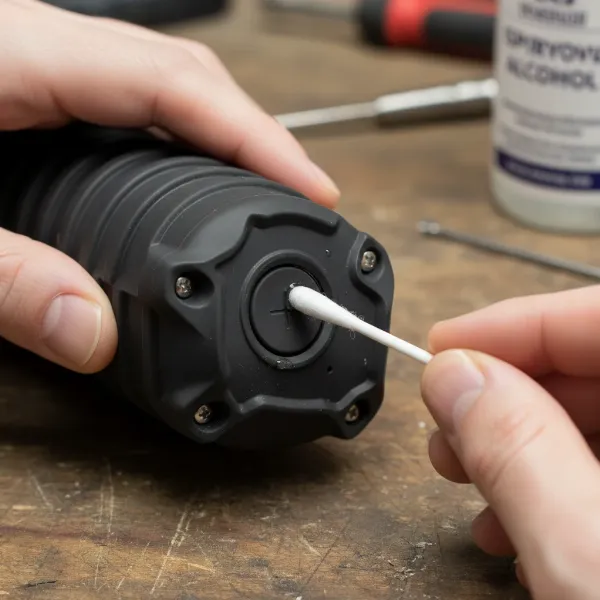 Person cleaning a waterproof speaker button with a cotton swab and isopropyl alcohol.