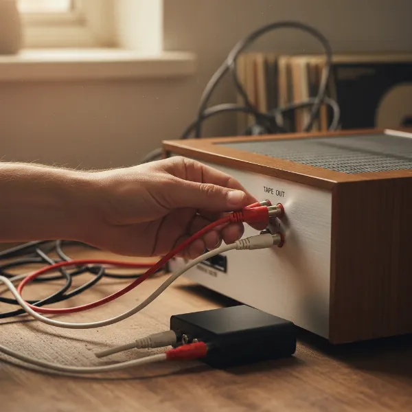 Hands connecting RCA cables from vintage stereo to a Bluetooth transmitter for audio streaming.