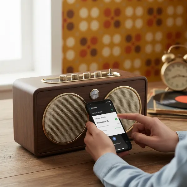 A person connecting a vintage Bluetooth speaker to a smartphone in a retro-inspired setting.