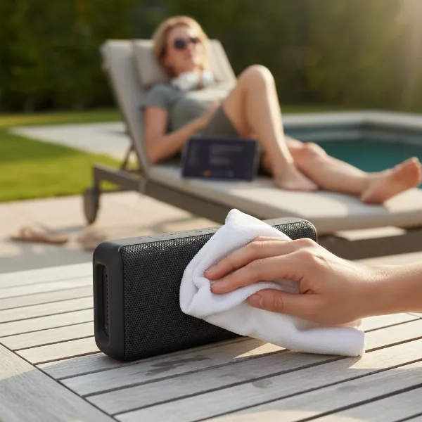 Person enjoying music outdoors with Denon Envaya DSB-250BT, optimized sound quality, proper care