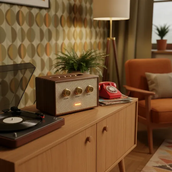 A desktop vintage Bluetooth speaker with a classic design and prominent knobs, placed in a retro-themed living room.