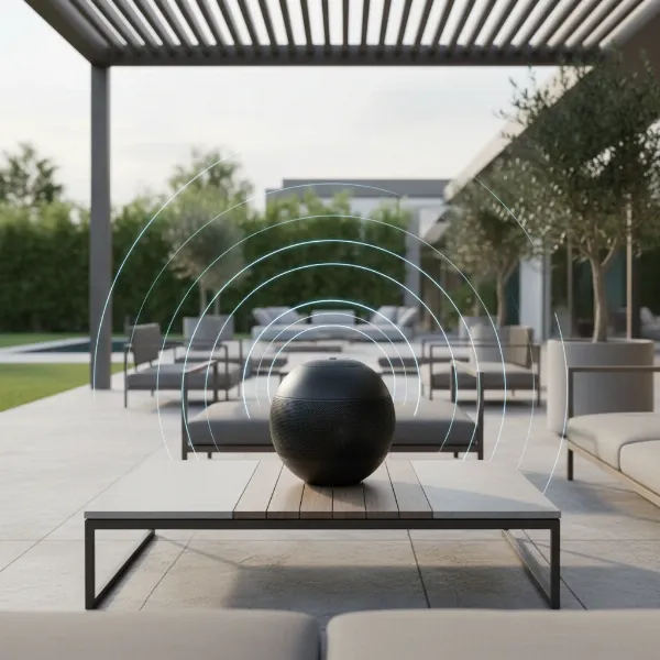 Devialet Mania on a patio, demonstrating active stereo calibration for outdoor sound.