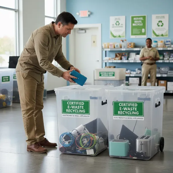 A person disposing of electronic waste, including a Bluetooth speaker, at a certified e-waste recycling drop-off point.