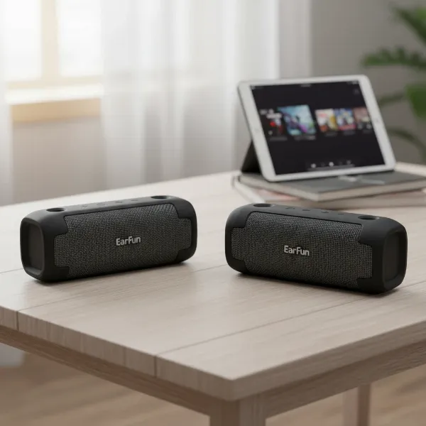 Two EarFun UBOOM L speakers placed horizontally on a wooden surface, wirelessly paired for stereo sound.