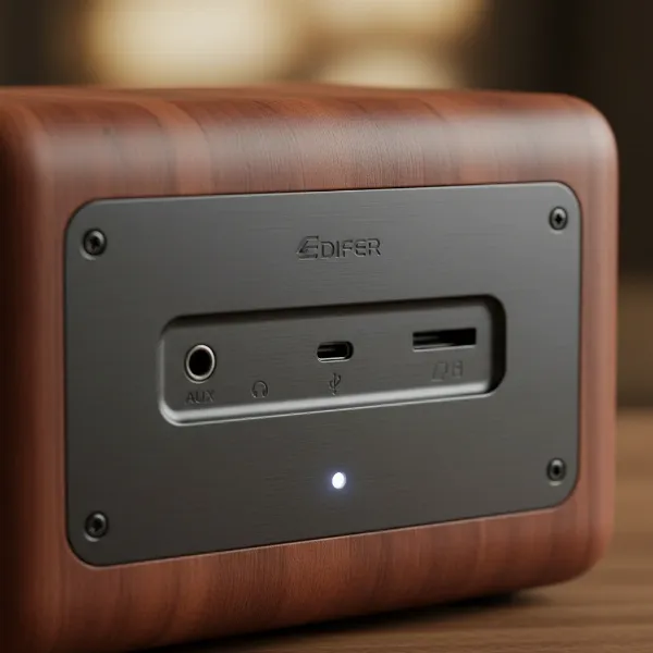 Rear view of Edifier MP230 speaker showing AUX, USB-C, and microSD card ports.