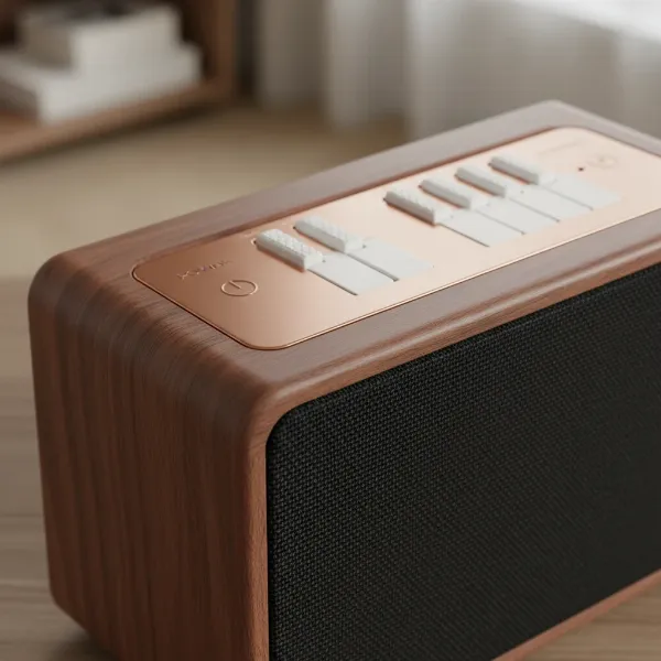 Edifier MP230 retro wooden Bluetooth speaker with piano-key buttons and copper accents.