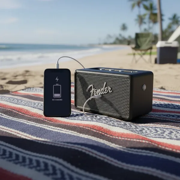 Fender Newport 2 speaker being used outdoors with a smartphone charging via its USB port.