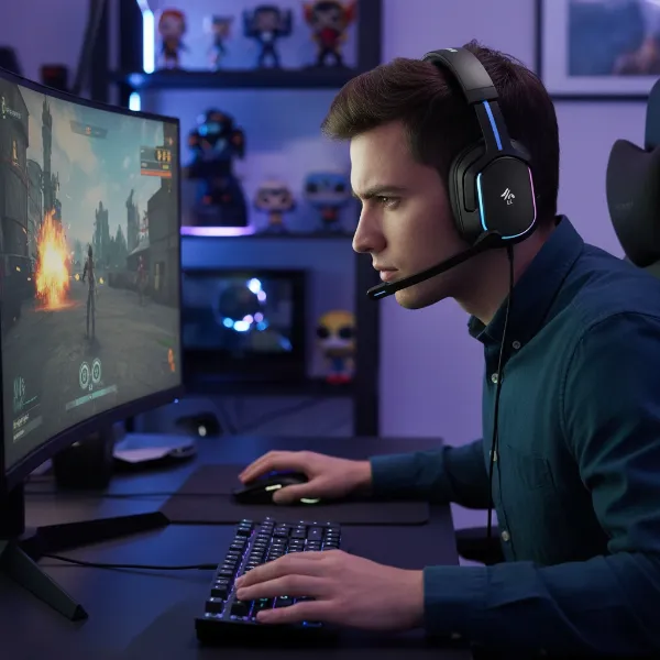 Gamer immersed in a game, wearing low-latency wireless headphones with crisp audio.