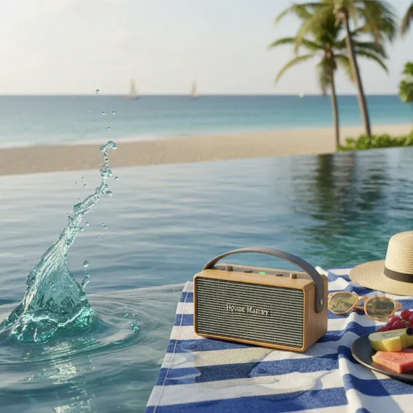 House of Marley Get Together 2 speaker in an outdoor setting, highlighting portability and water resistance.