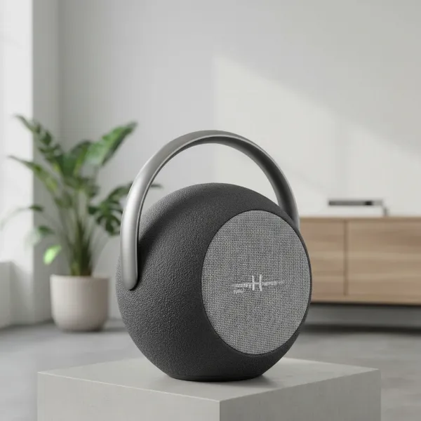 Harman Kardon Onyx Studio 8 speaker with elegant spherical design and integrated handle, made from recycled materials.