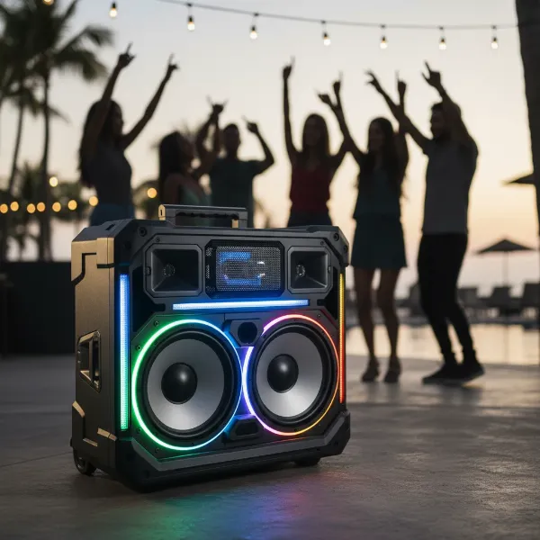 Large, high-power outdoor party speaker with LED lights for a concert-style experience.