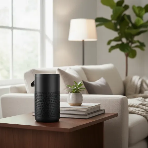 A stylish home and desktop Bluetooth speaker in a modern living room setting.