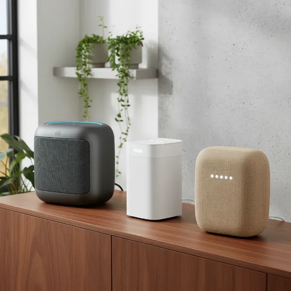 Various home and desktop smart speakers with Google Assistant, showcasing elegant designs.