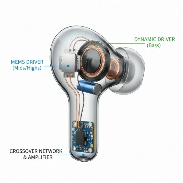 Cross-section illustration of an earbud featuring a hybrid driver setup with both solid-state MEMS and dynamic drivers.