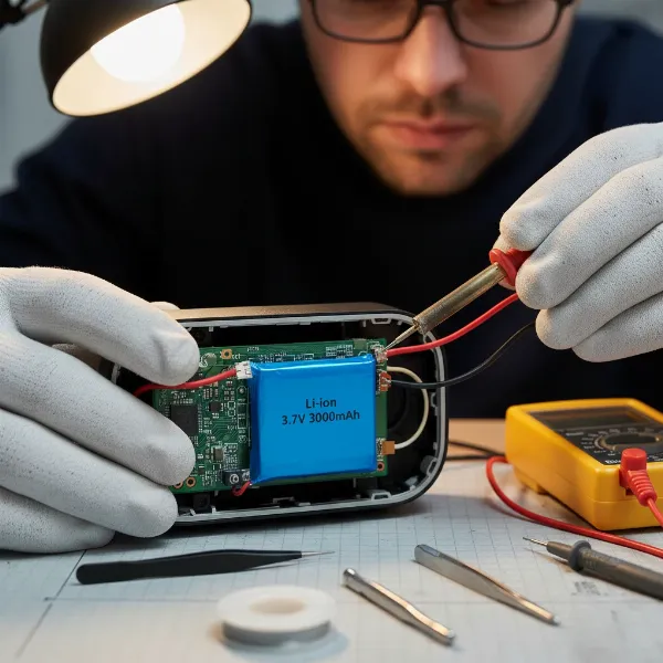 Close-up of a new battery being connected or soldered into a Bluetooth speaker's circuit board.