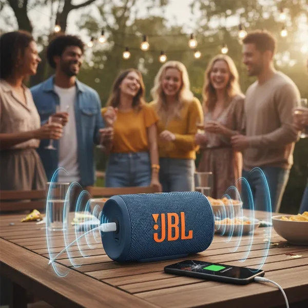 A robust JBL Charge 5 Bluetooth speaker with deep bass and power bank feature, suitable for outdoor parties.