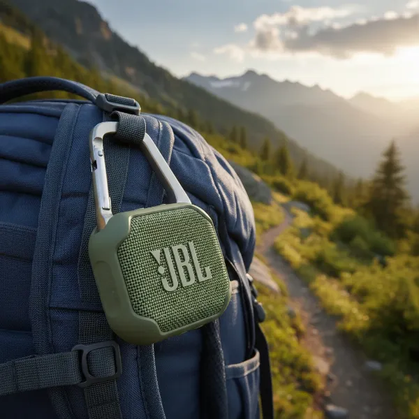 JBL Clip 5 speaker with redesigned wide carabiner attached to a backpack strap in a natural outdoor setting.
