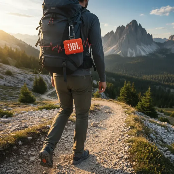 Person hiking with JBL Clip 5 speaker attached to backpack, enjoying music outdoors.