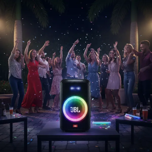 JBL PartyBox 310 speaker with vibrant, beat-synced light show active in a dimly lit party environment.